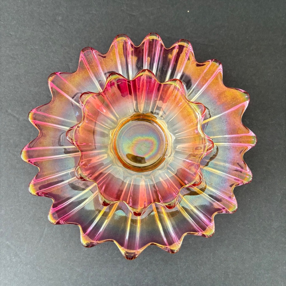 2 Vintage Federal Glass Celestial Sunburst Plates Flower Iredescent Gem Tone Set